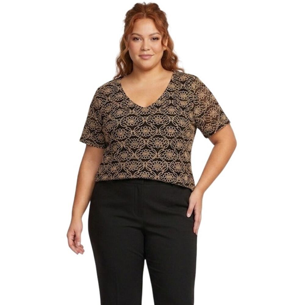 Baranda Textured Dressy Blouse Gold Black Business Office Plus Size 2X
